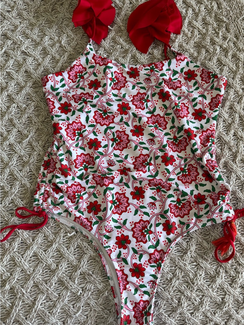 SHEIN White Floral One-Piece Swimsuit with Red & Green Accents